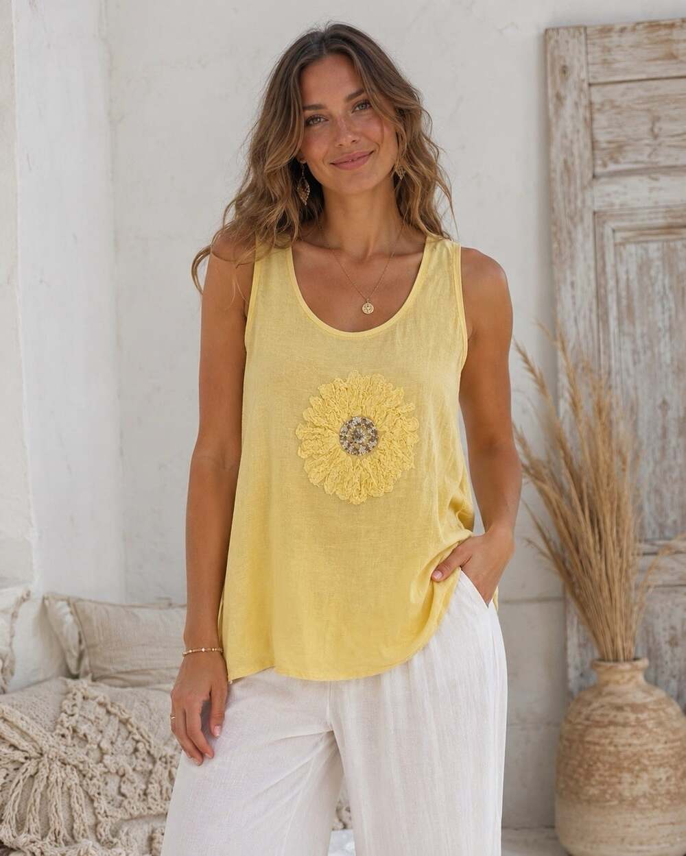 Sarah Tempest Butter Yellow Flower Tank Top L Linen Cotton Boho Italy Cottage